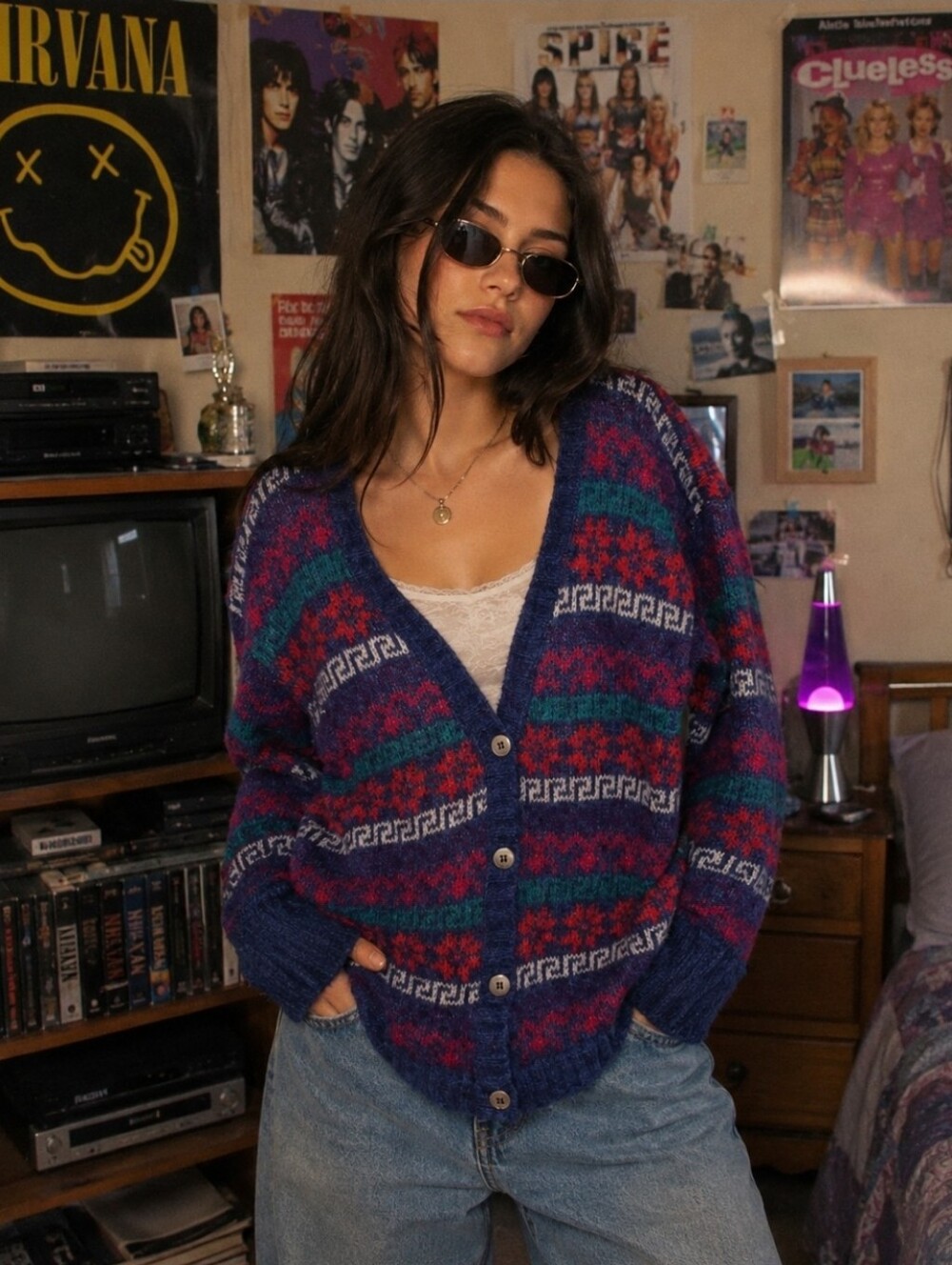 Vintage 90s Multicolor Patterned V-Neck Mohair Blend Kurt Cobain Cardigan  M